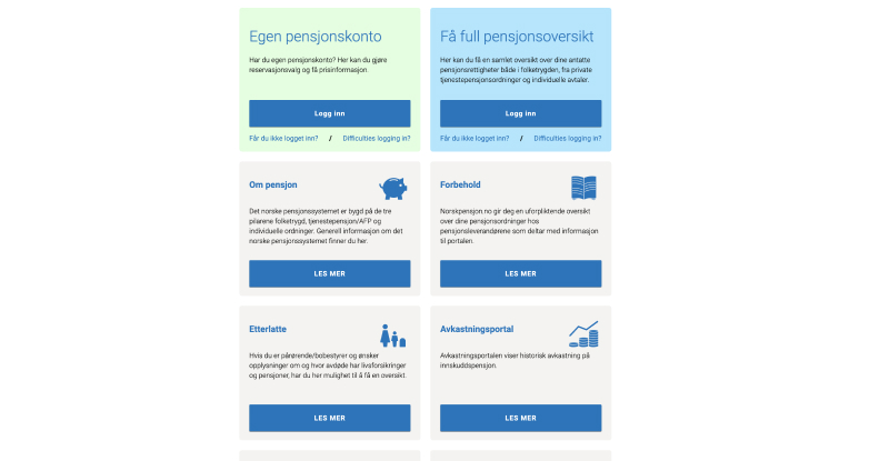 Skjermbilde fra Norsk Pensjon med oversikt over tjenester.