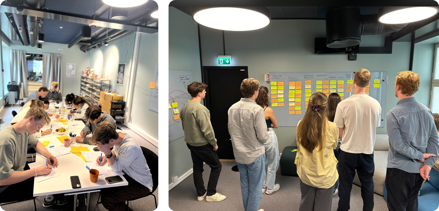 Teamet som gjør «Crazy Eights» og «Affinity Mapping» under Google Design Sprint.