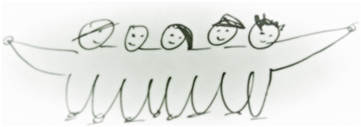 tegning av fem mennesker som holder rundt hverandre