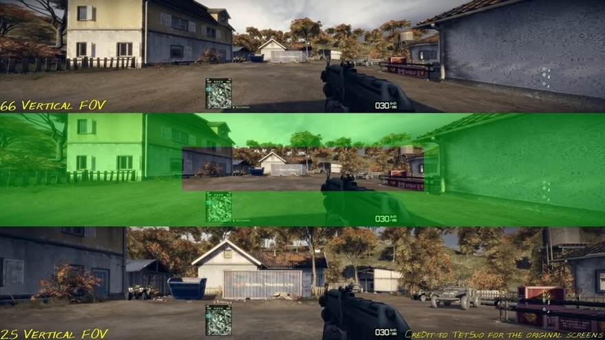 En spillprodusent har forvridd et bilde ved å sette sammen to perspektiv. Dette øker synsvidden.