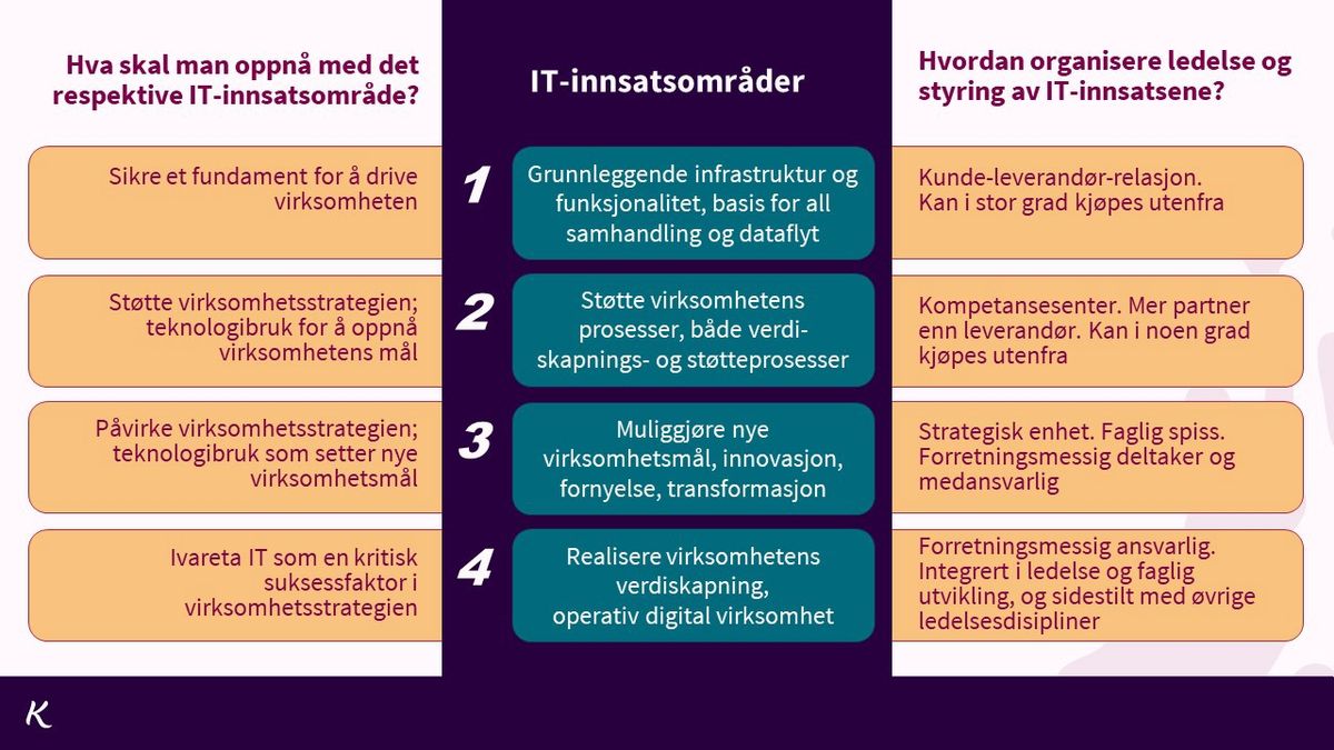 Oversikt over stikkord på mål for, og organisering av, innsatsområdene