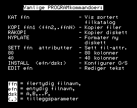 Noen av kommandoene i Tiki 100; kopi, sett, mv.