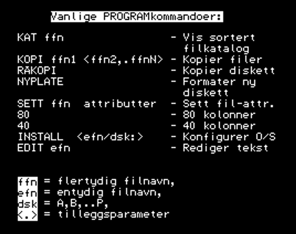 Noen av kommandoene i Tiki 100; kopi, sett, mv.