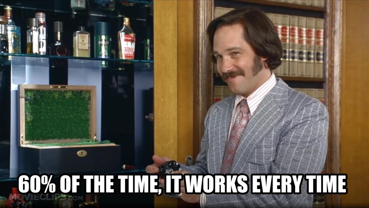 Et skjermbilde fra filmen Anchorman med sitatet "60% of the time, it works every time"