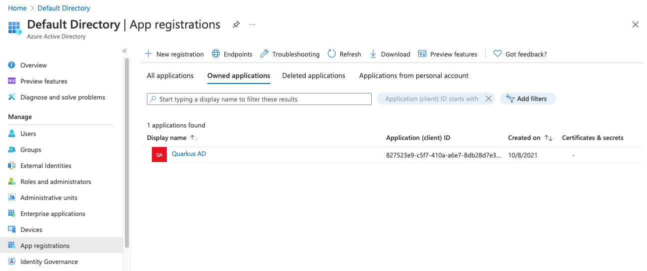 Finding the app registration