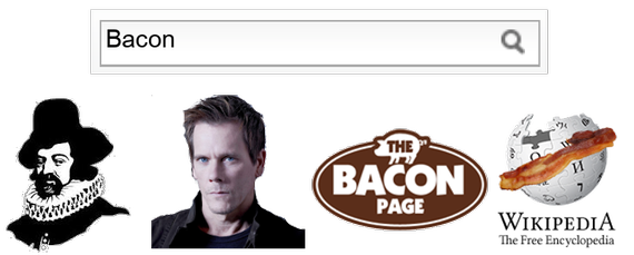 søkeordet "bacon" som resulterer i: Francis Bacon, Kevin Bacon, the bacon page og wikipedia.