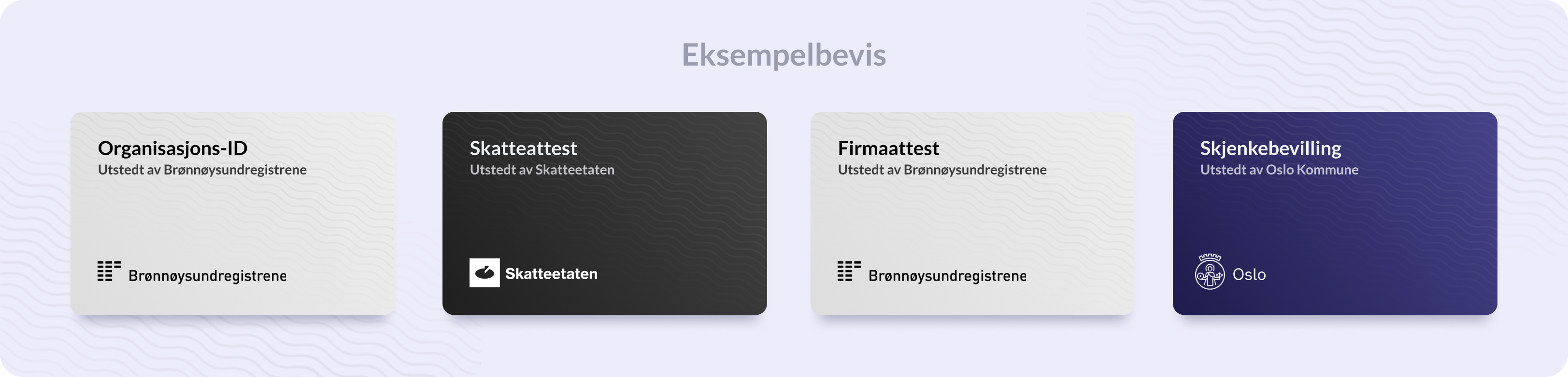 Eksempler på digitale bevis er Organisasjons-ID, Skatteattest, Firmaattest og Skjenkebevilling.