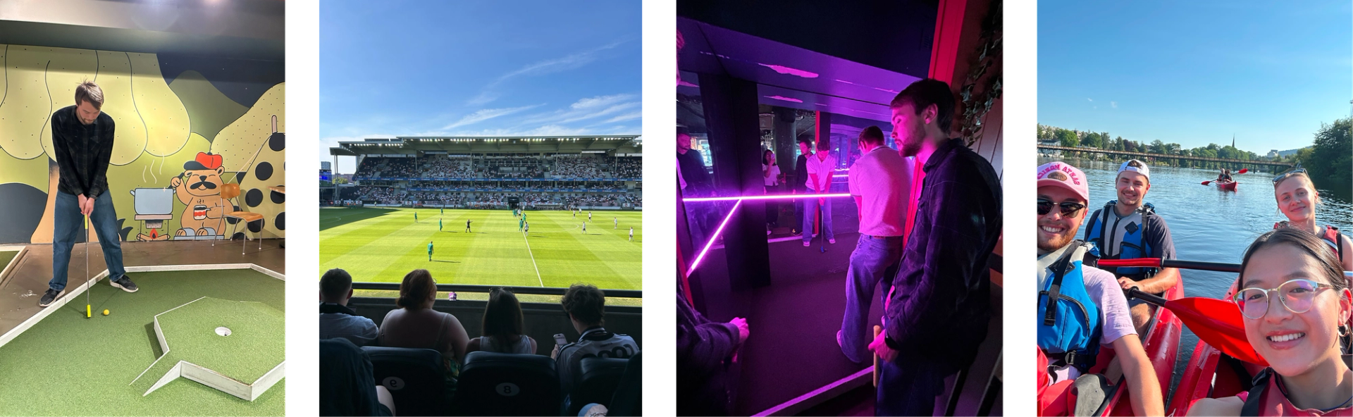 Bildekollasj av teamet på sosiale aktiviteter i regi av workation (minigolf, Rosenborg-kamp og kajak)