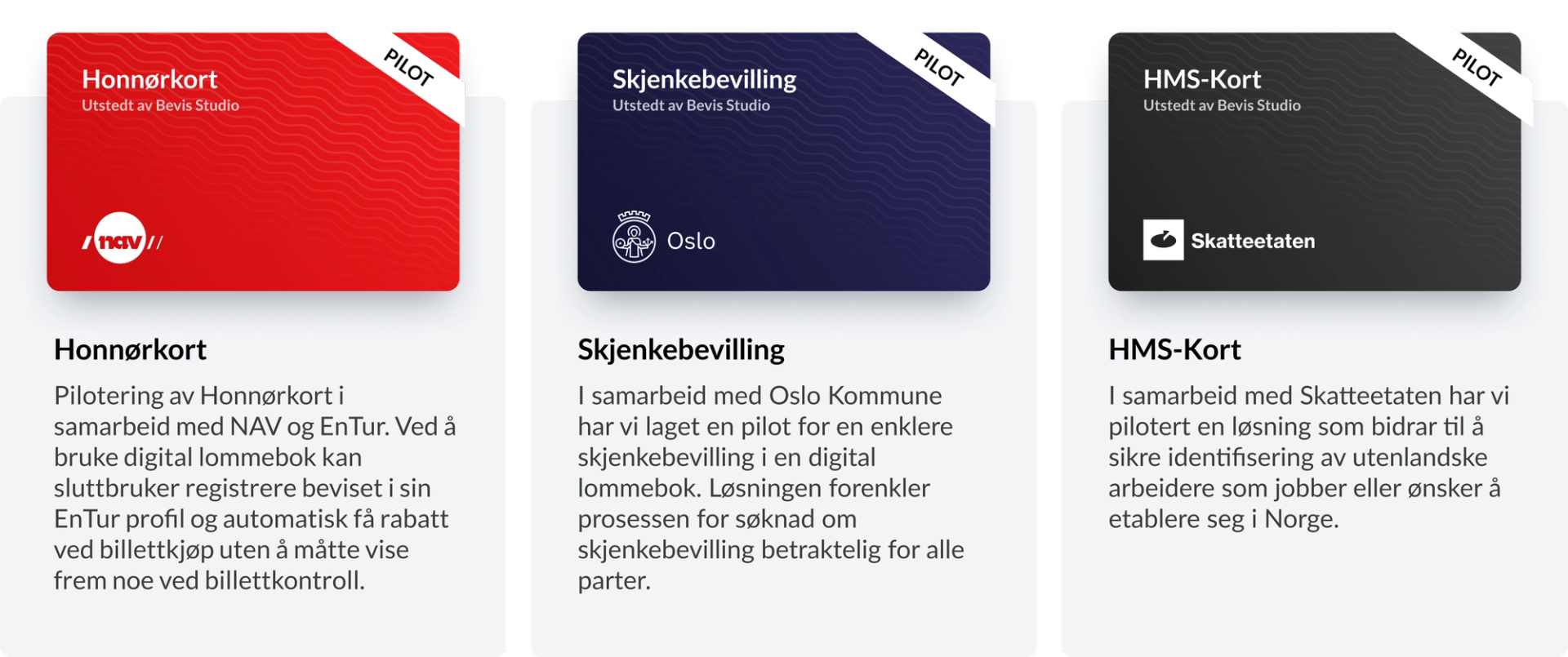 Illustrasjon av tre prototyper laget med Bevis Studio. Prototypene er Honnørkort, Skjenkebevilling og HMS-kort.