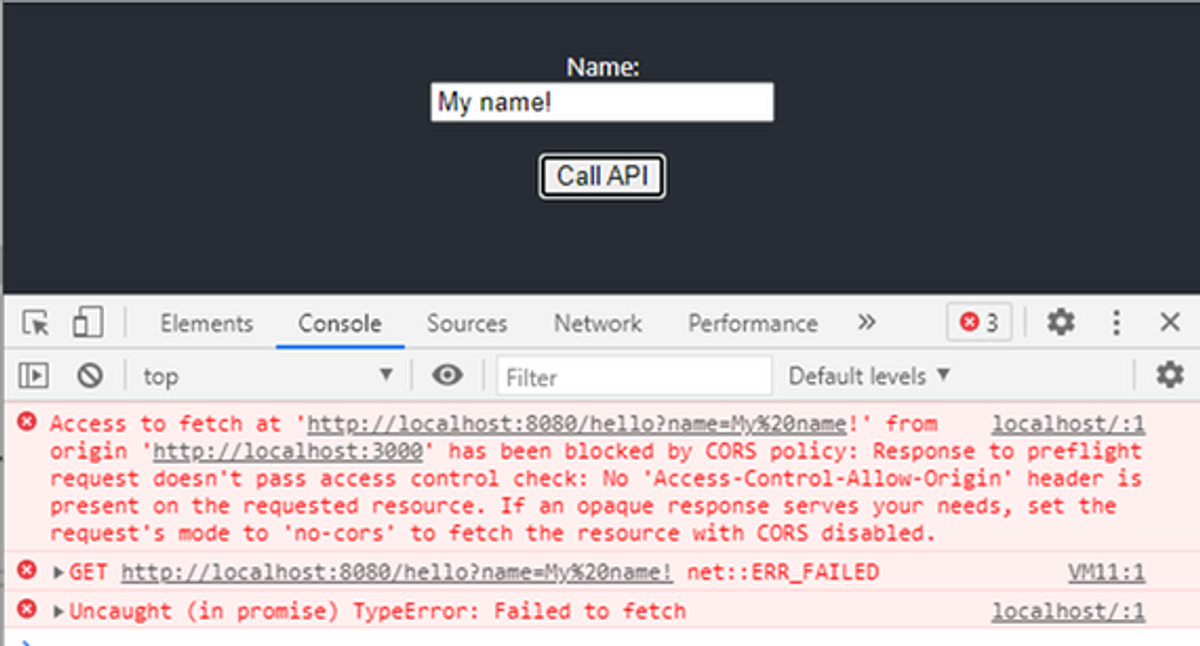 Skjermdump som viser feilmeldinger i Localhost:8000