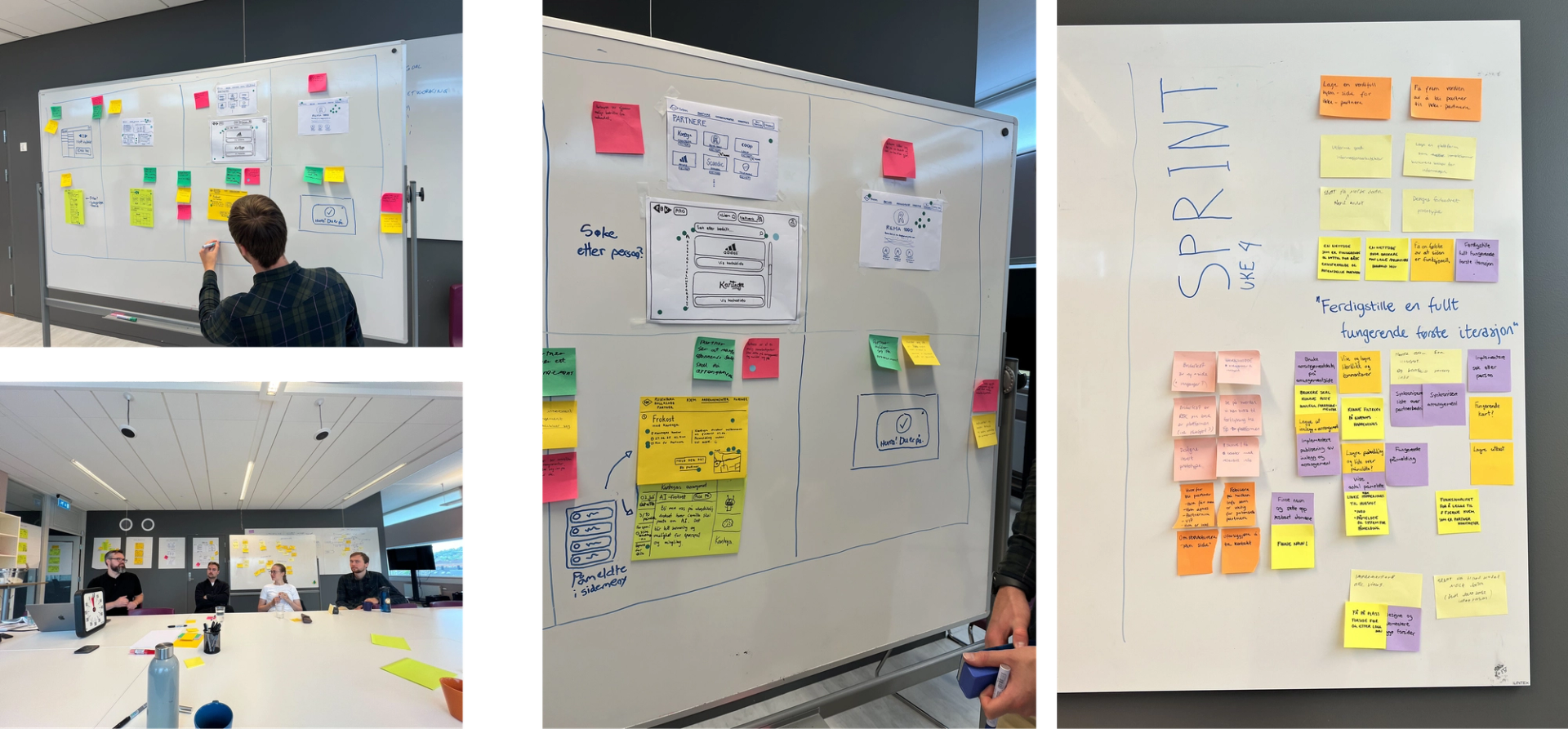 Bildekollasj med fire bilder fra design-sprint: post-it lapper på whiteboard