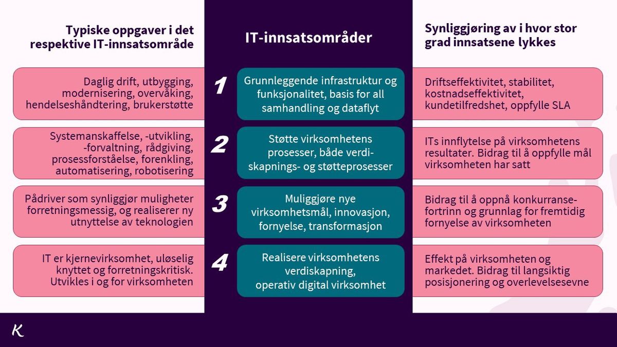 Oversikt over stikkord for oppgaver og suksessfaktorer for innsatsområdene