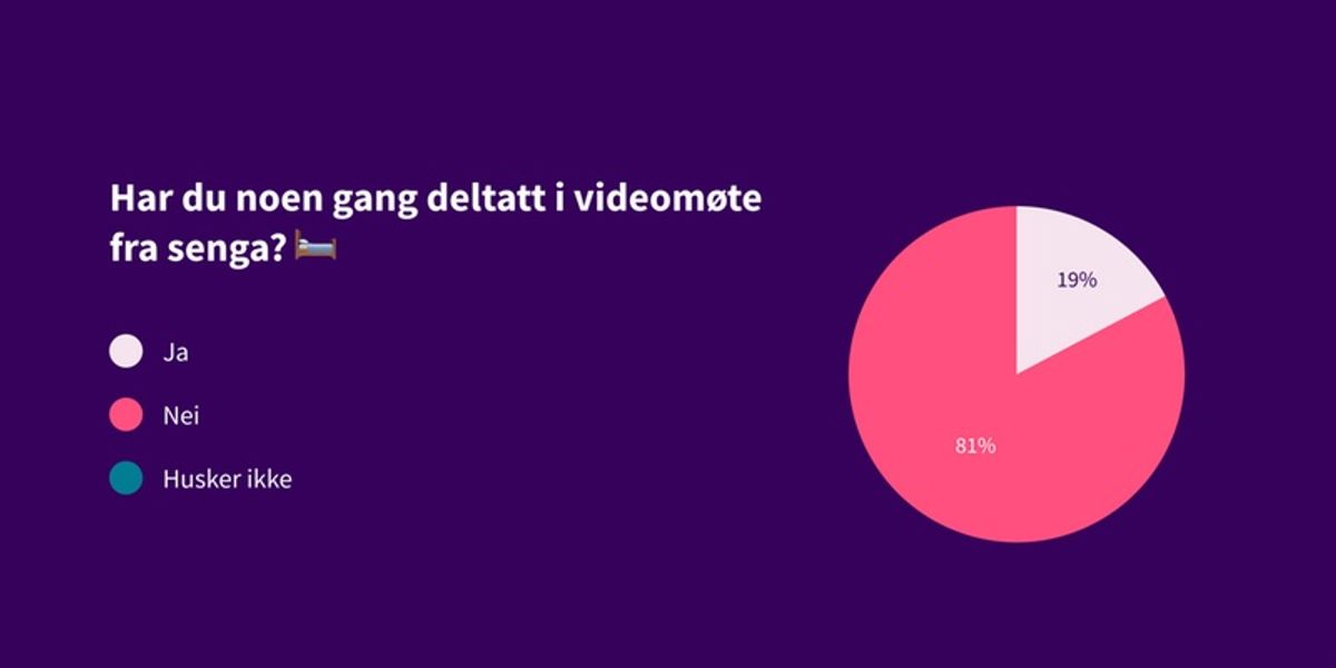 Kakediagram som viser svar på spørsmål: Har du noen gang deltatt i videomøte fra senga? Svar: 81% nei, 19% ja
