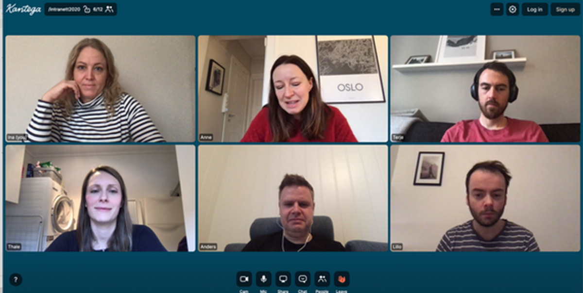 Skjermdump av videochat med seks stykker fra temaet