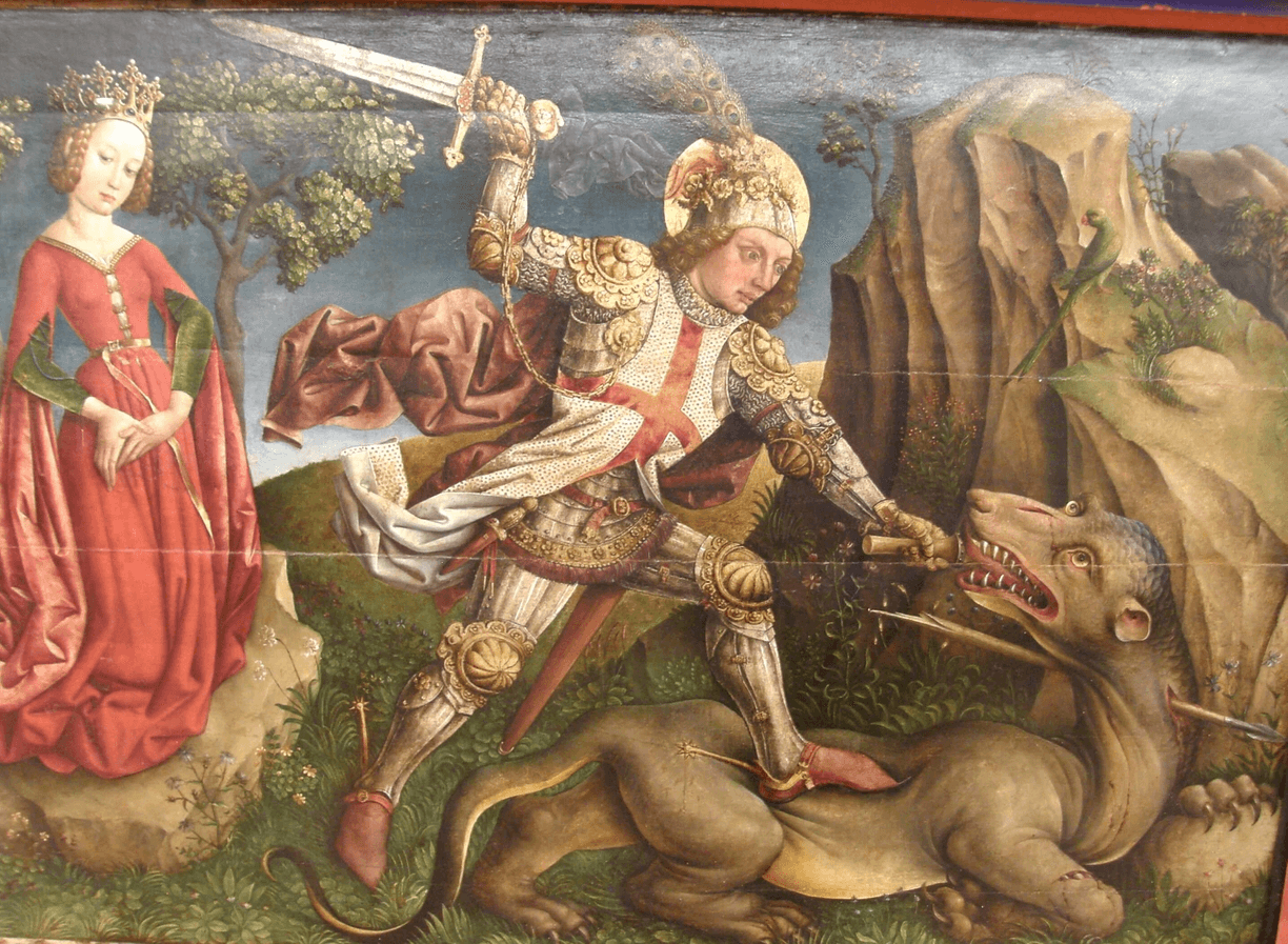 Maleri fra 1445 av en kriger som dreper en drage