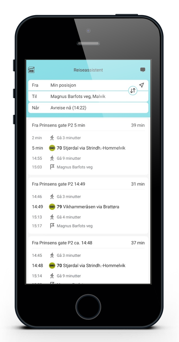 Reiseforslag og avganger i AtBs mobilapp.