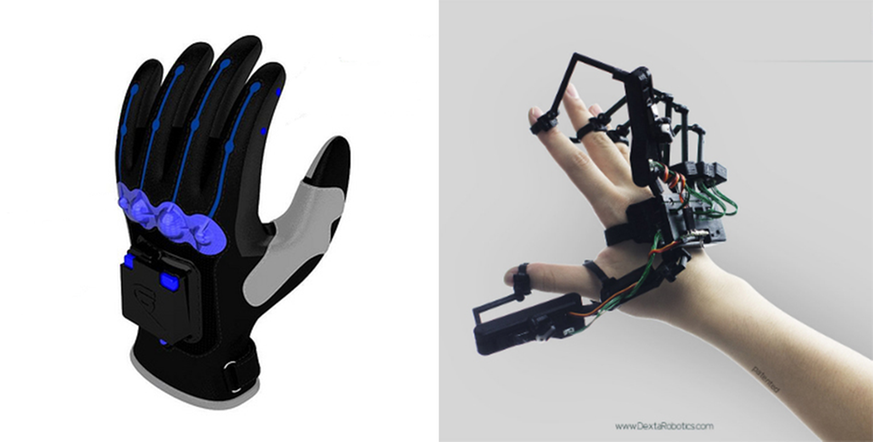 To VR hansker. Ene er en ordinær hanske med sensorer, den andre er festet utenpå hånden til en person.