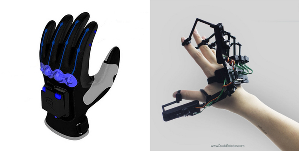 To VR hansker. Ene er en ordinær hanske med sensorer, den andre er festet utenpå hånden til en person.