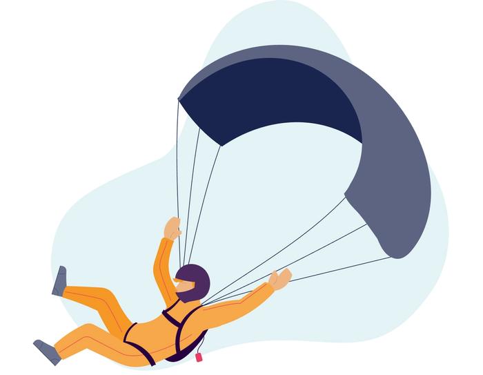 Illustrasjon. Person i fallskjerm kommer inn for trygg landing