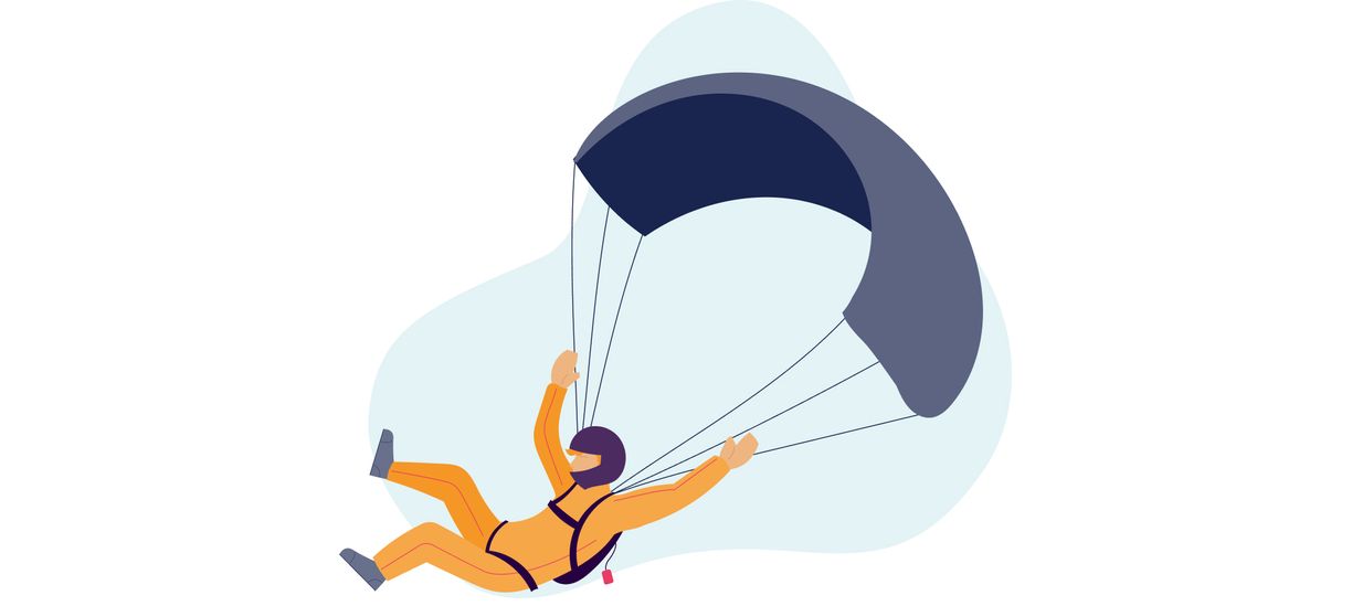 Illustrasjon. Person i fallskjerm kommer inn for trygg landing