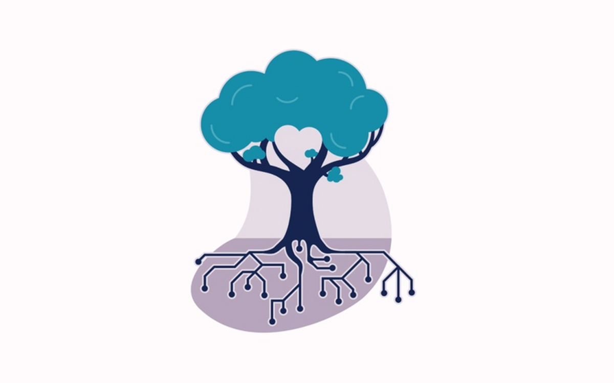 Ilustrasjon av data som grobunn for verdiskaping. Illustrasjonen viser et tre med røtter av data som går ned i bakken.