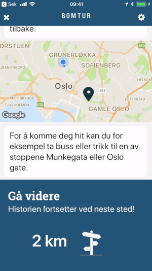 Kartapplikasjon med animasjon som viser avstand til neste punkt