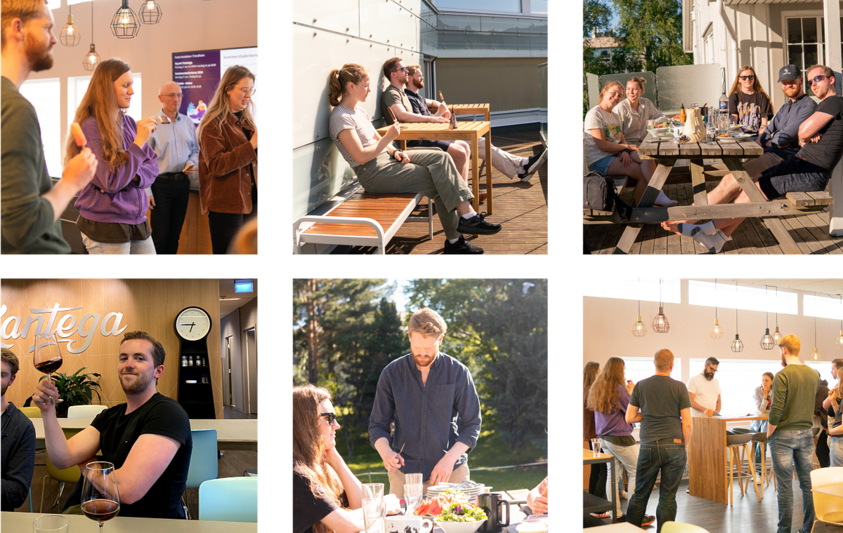 Seks bilder av sommerjobbteamet i sosiale sammenhenger