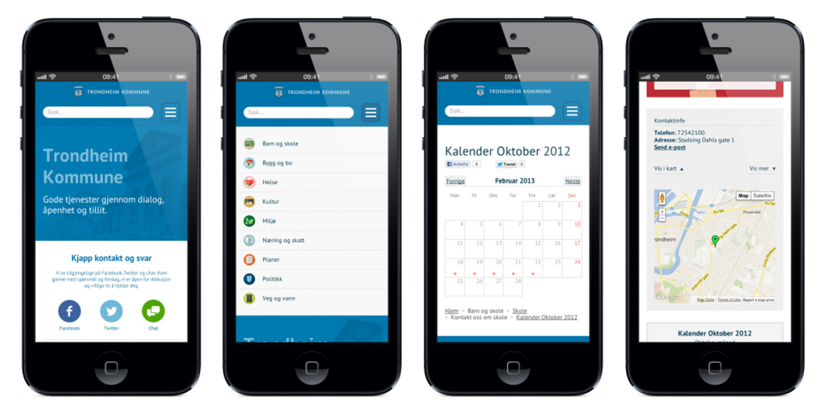 Fire iPhones ved siden av hverandre med hver sin skjermdump fra ulike sider på nettsiden.