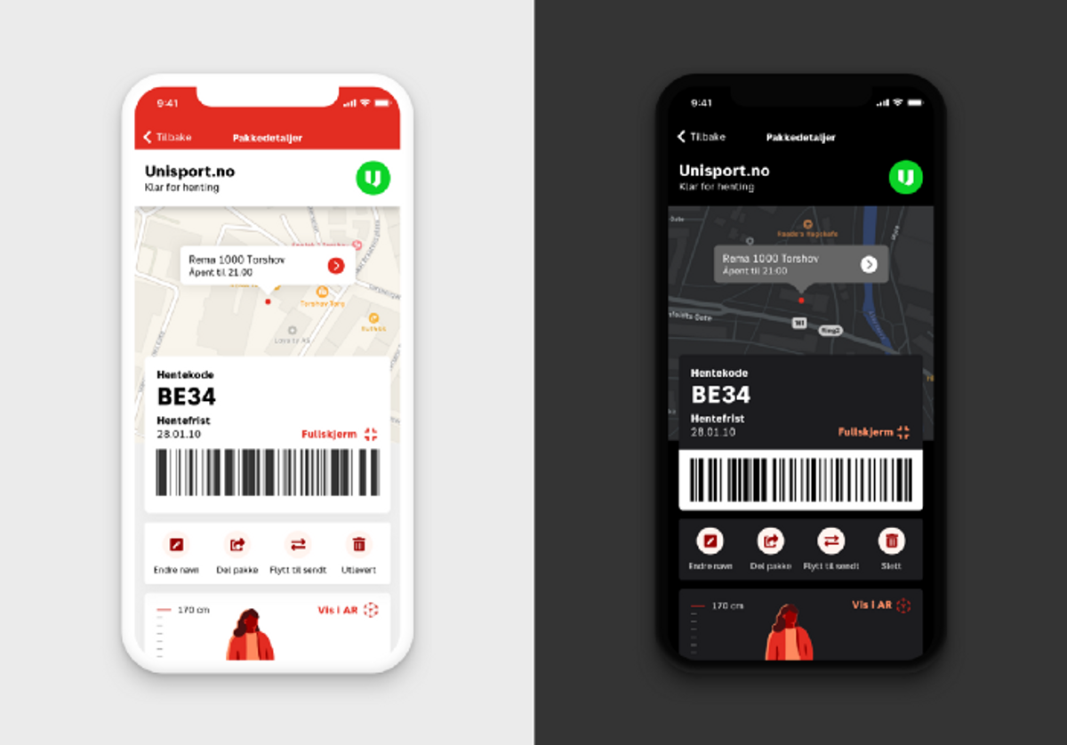To skjermdumper fra iPhone med og uten dark mode.