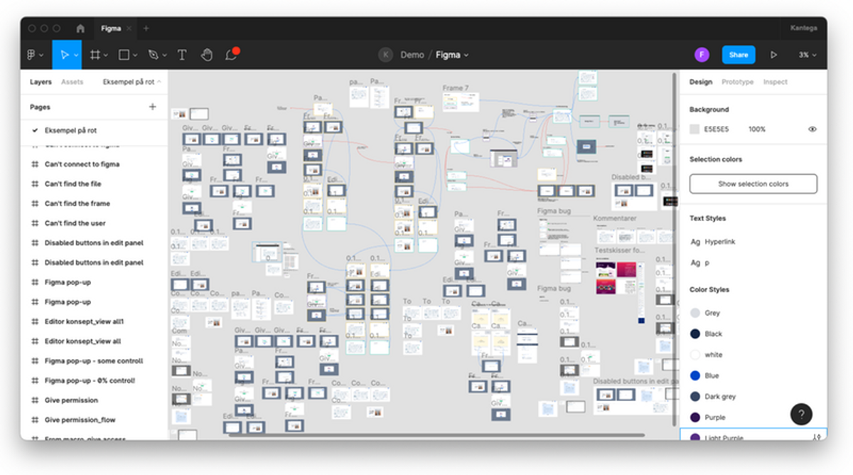 Skjermbilde fra designverktøyet Figma. Mange er inne og jobber samtidig.
