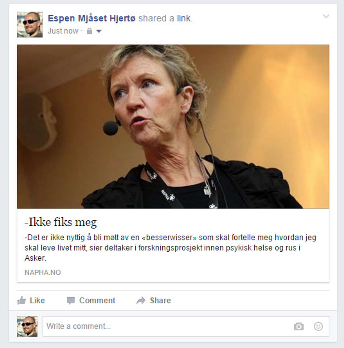 Skjermdump av Espen Mjåset Hjertøs facebookside hvor han deler lenken "-Ikke fiks meg".