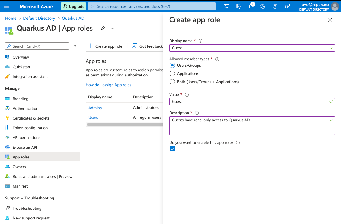 Creating app role