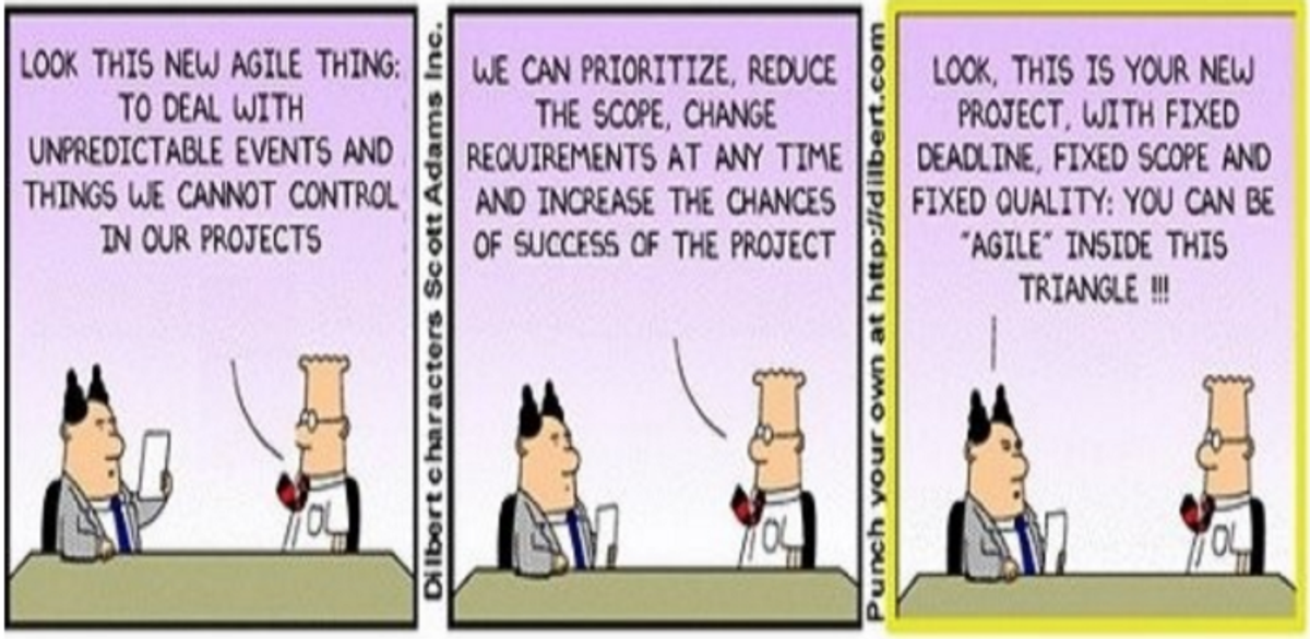 Avisstripe som gjør komikk av ledelsens ønske om å sette fast ramme på agile prosjekt.