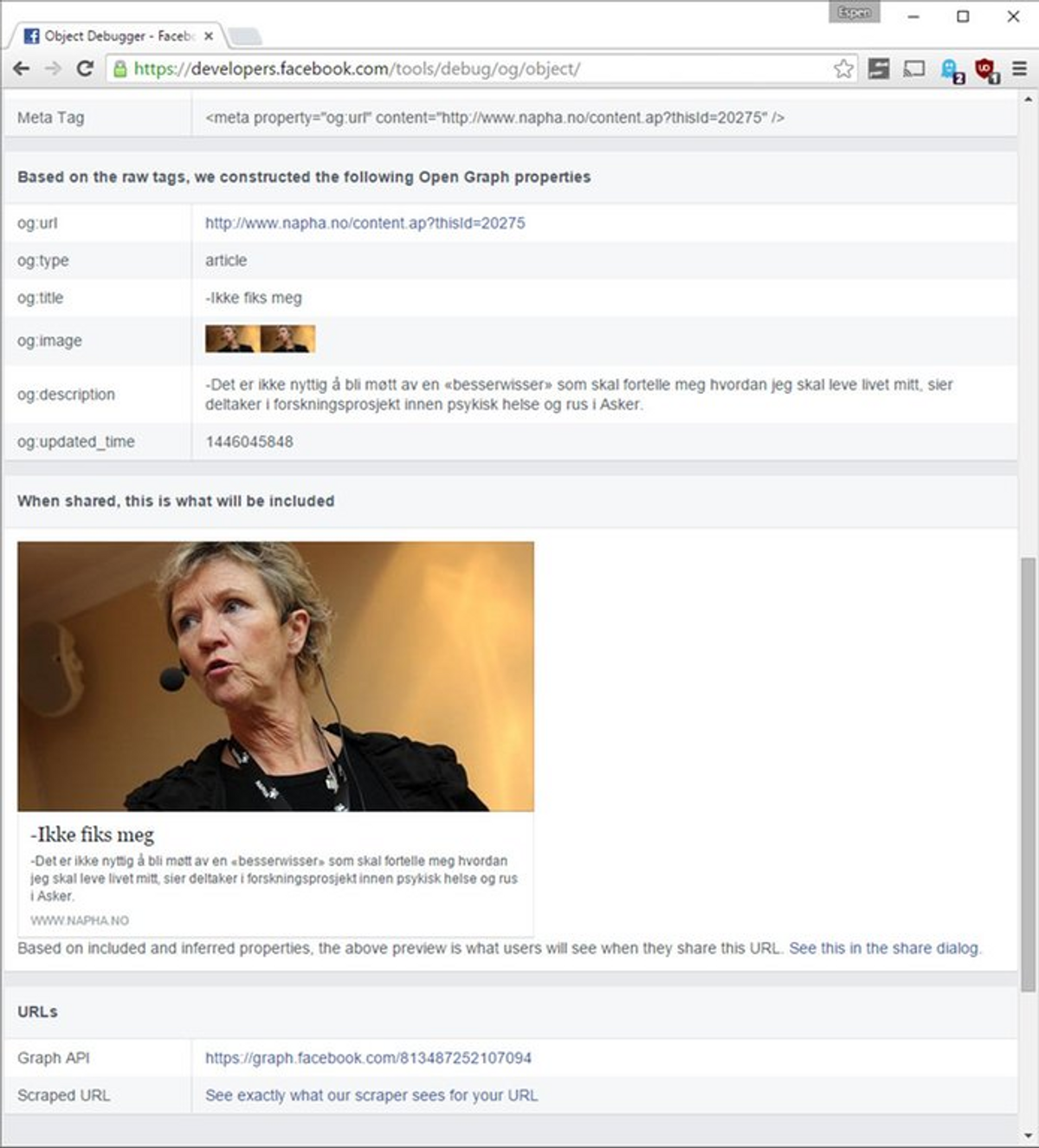 Skjermdump av artikkelen i lenken som oppdateres automatisk ved hjelp av Open Graph debuggeren