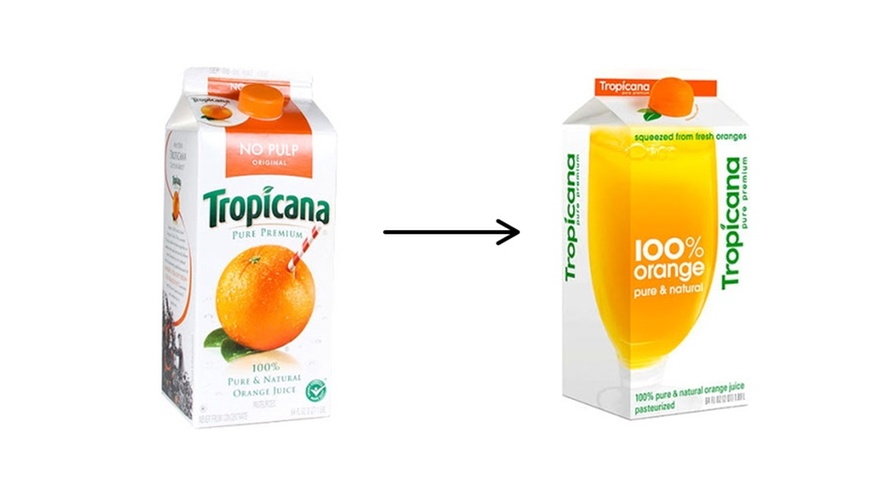 Tropicana juice før og etter lansering av ny pakning i 2009