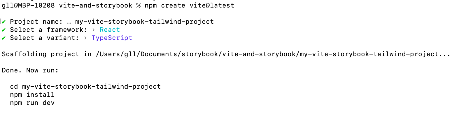 Screenshot from the terminal where I chose React and TypeScript