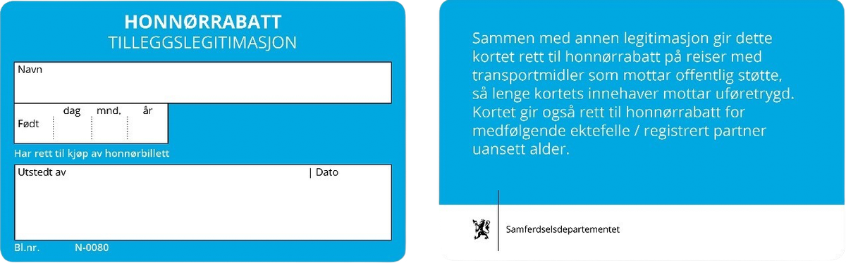 Slik ser det fysiske honnørkortet ut i dag. Dette blir fylt ut for hånd før det sendes ut til brukeren.