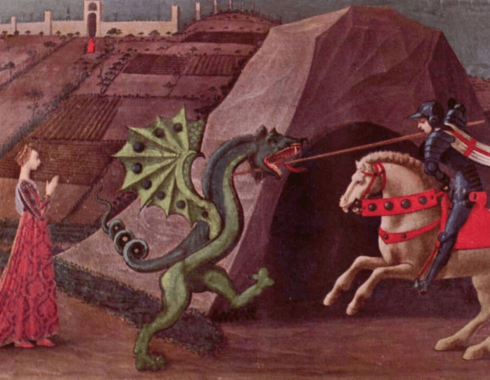 A dragon being slayed by a knight. Painting from the 1400.