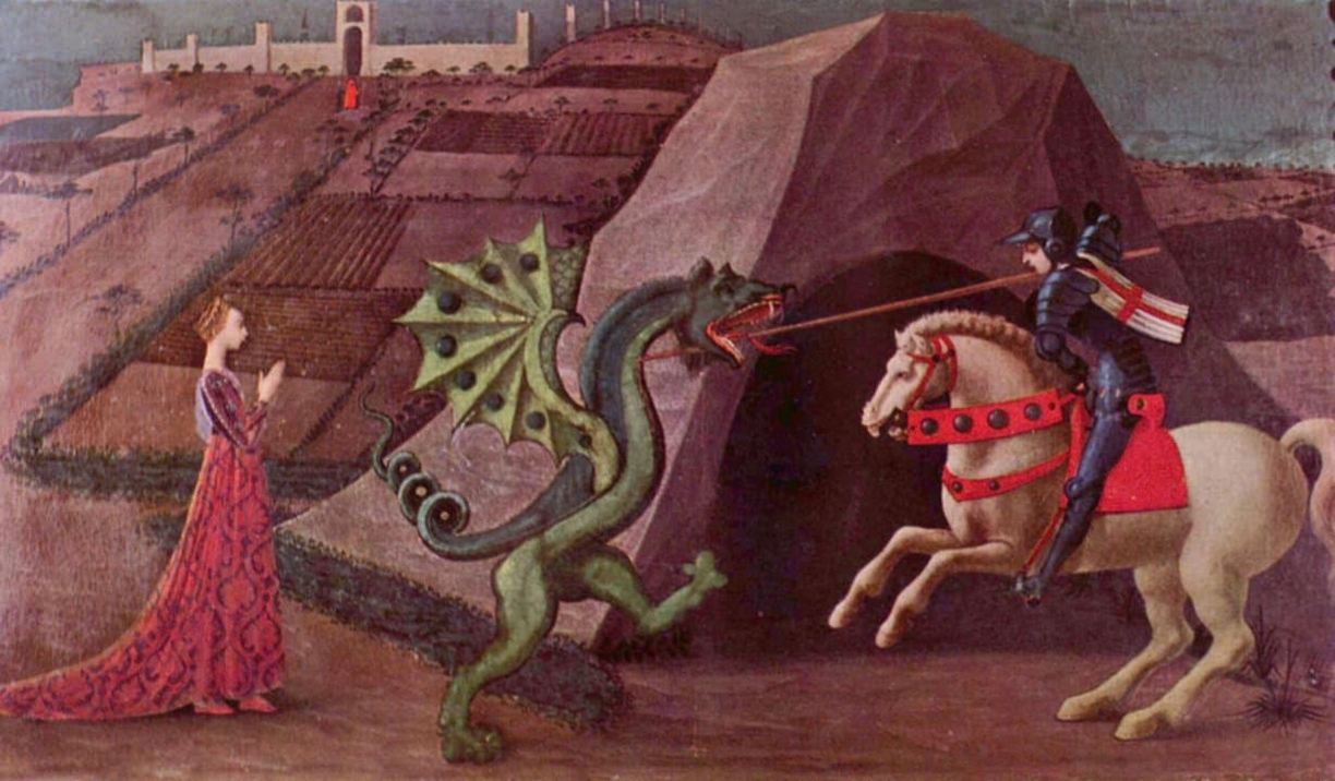 A dragon being slayed by a knight. Painting from the 1400.