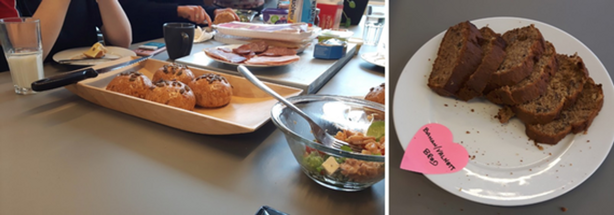 To bilder av mat stående servert på bord