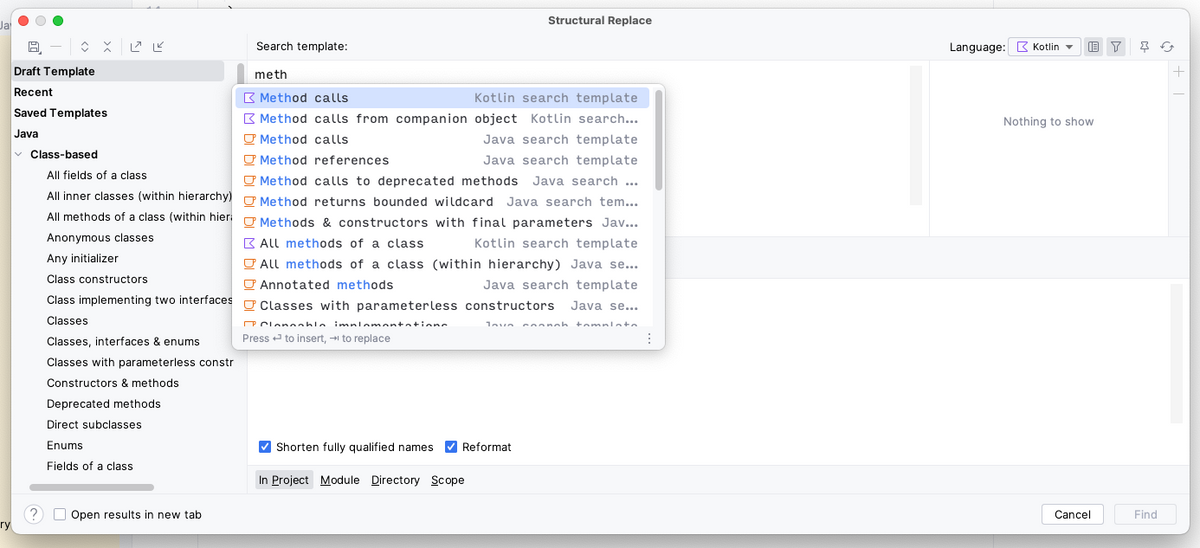 Vindu for å søke og erstatte kode