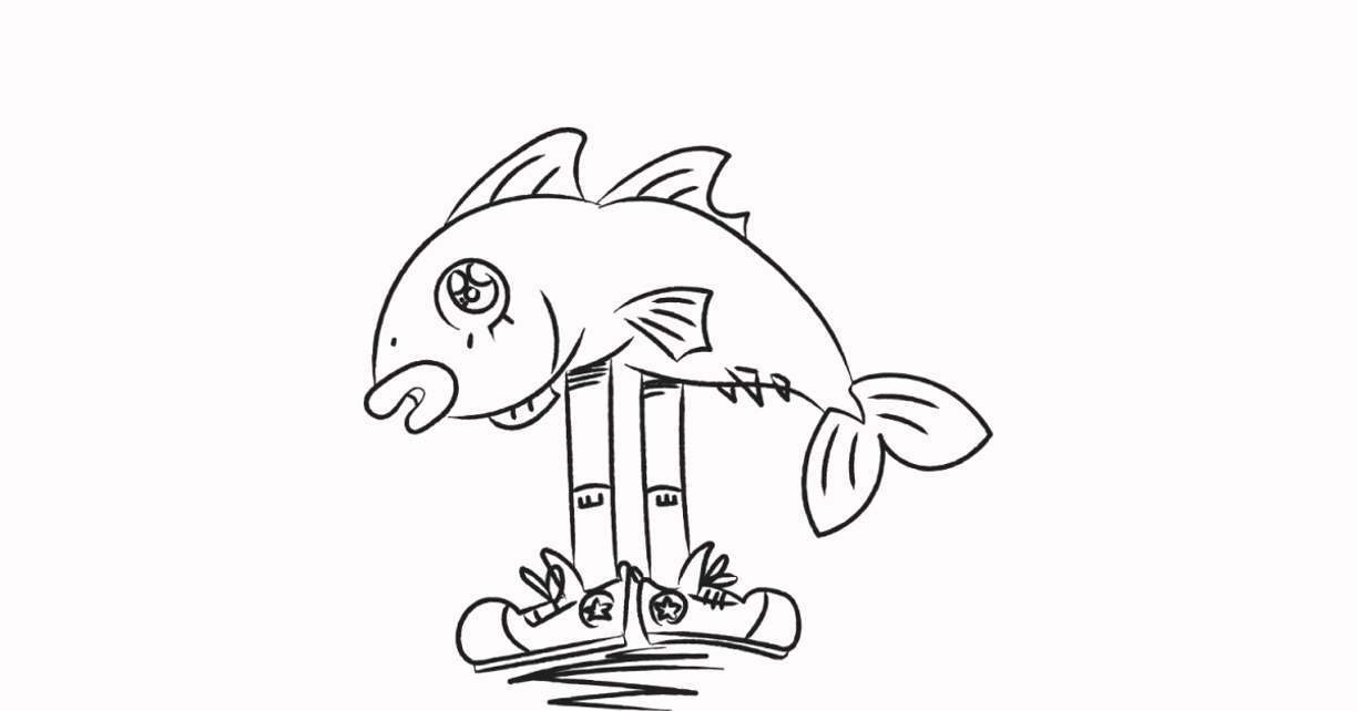 Illustrasjon av en fisk med to bein og joggesko.