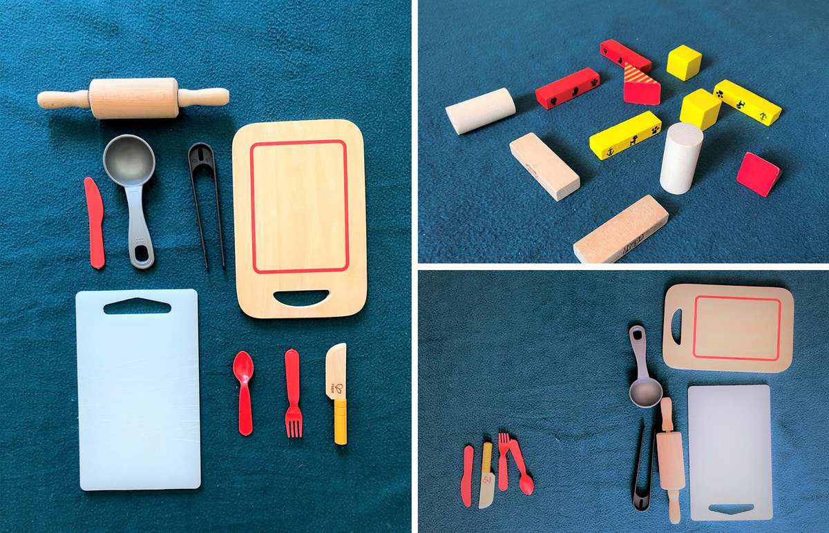 Collage av tre bilder. Hvert av dem viser hvordan et barn har gruppert ulike klosser og kjøkkenutstyr.