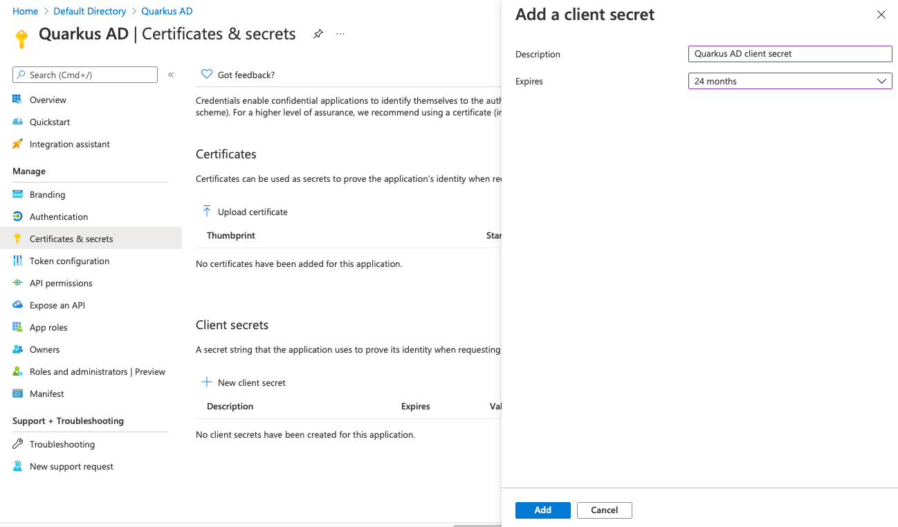 Adding a new client secret