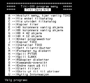 Tiki 100 program-meny som viser operasjoner/kommandoer.
