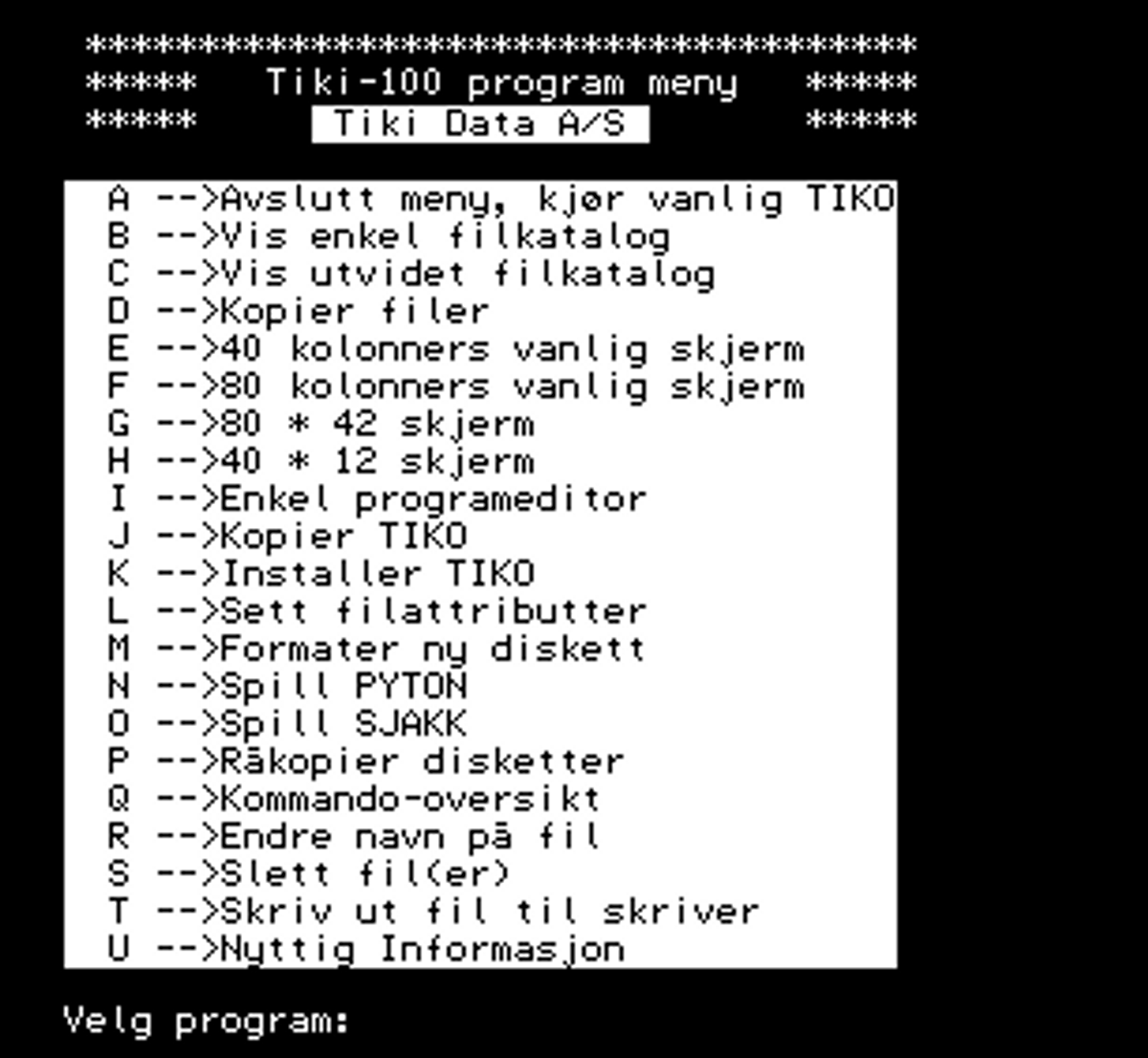 Tiki 100 program-meny som viser operasjoner/kommandoer.