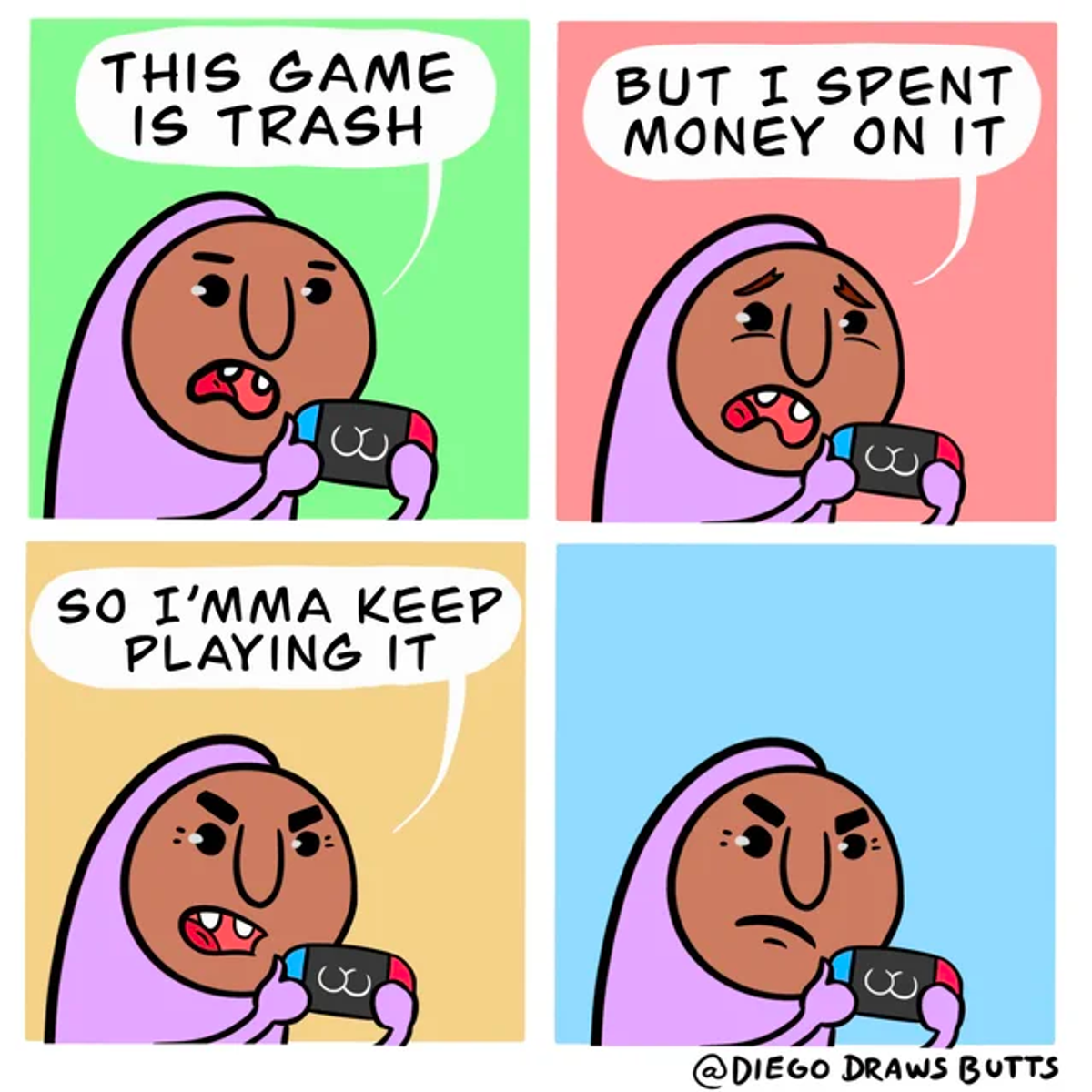 Tegnestripe av en person som misliker et dataspill, men siden han har brukt penger på det fortsetter han å spille allikevel