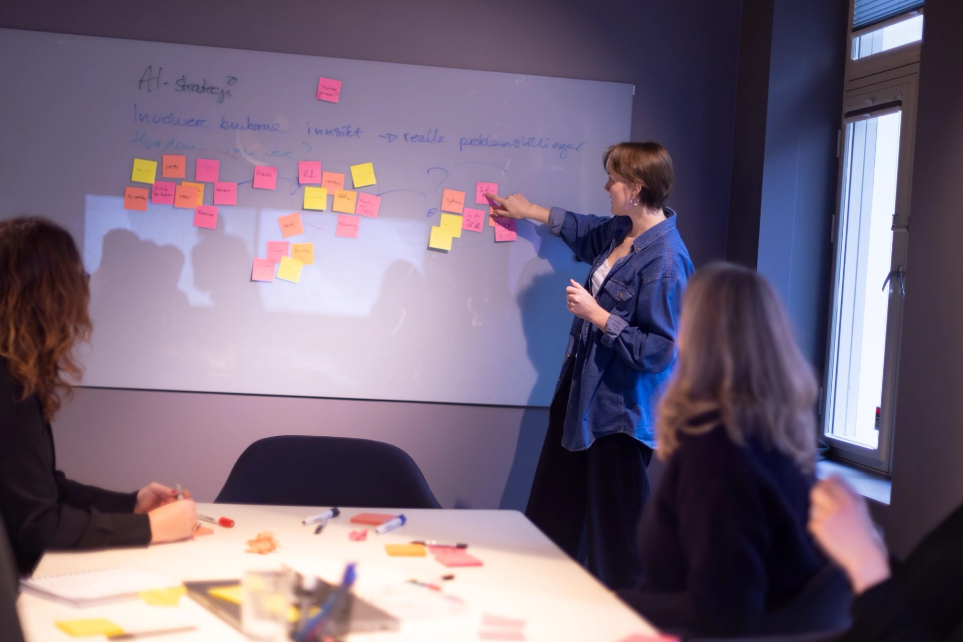Kollega setter opp lapper på en tavle under en workshop om KI-strategi