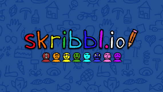 Coverbilde av tegnespillet Skribbl.io. Små figurer i ulike farger står på rekke, navnet "Skribbl.io" og en fargeblyant over.