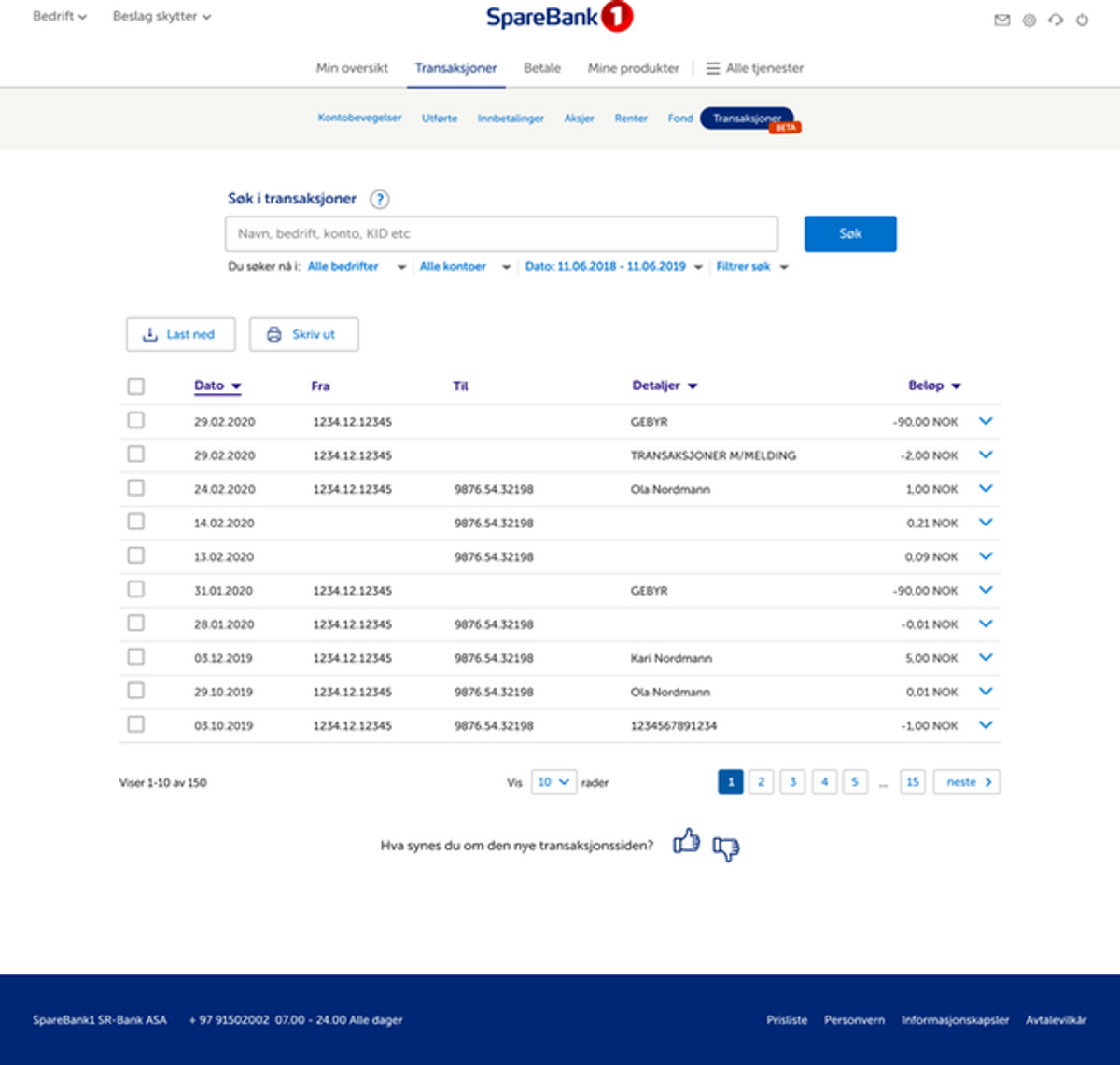 Skjermdump av SpareBank1 sin side for transaksjonene til kunde